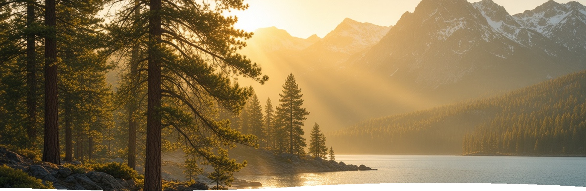 Sunrise on a still Sierra lake — golden light on the water, west-shore pines and granite.
